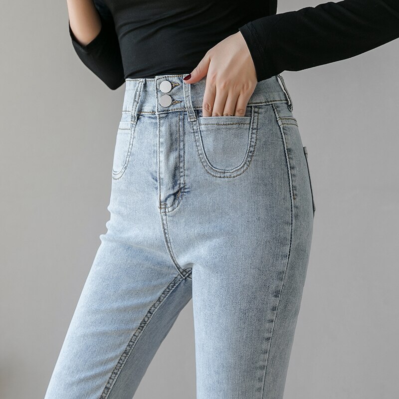 Vintage wash flare women jeans super elastic high waist slim fit lady jeans